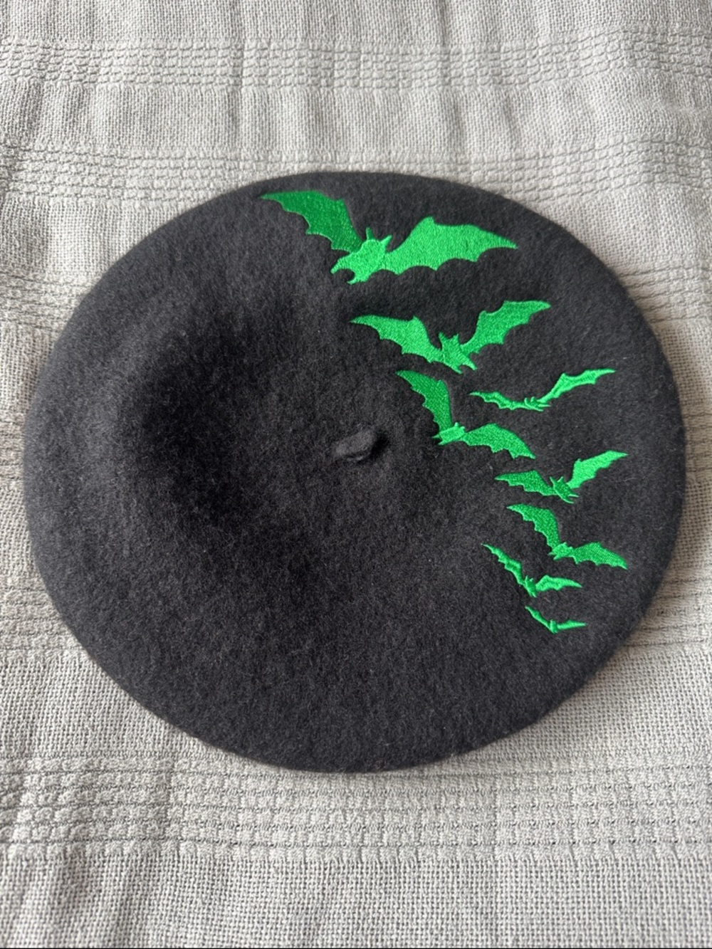 Black Wool Beret Hat with Green Bats